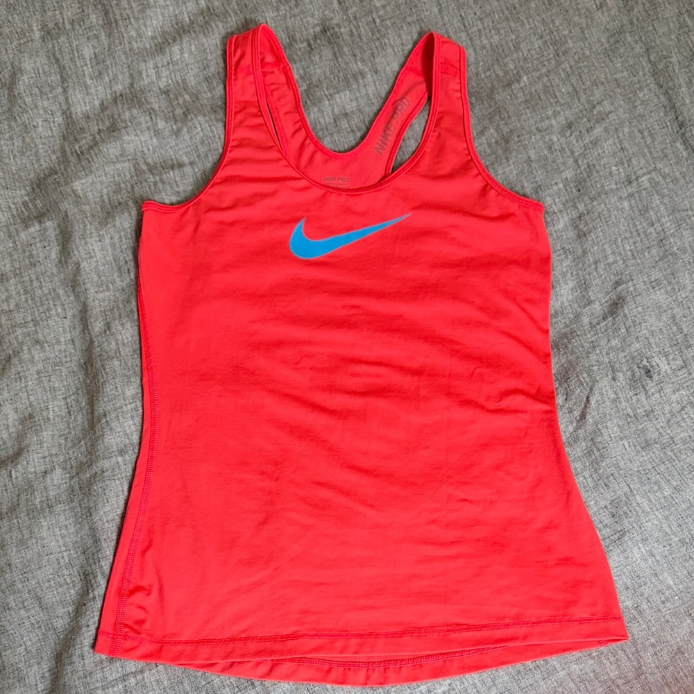 Nike Women's Red Tank Top with Blue Swoosh